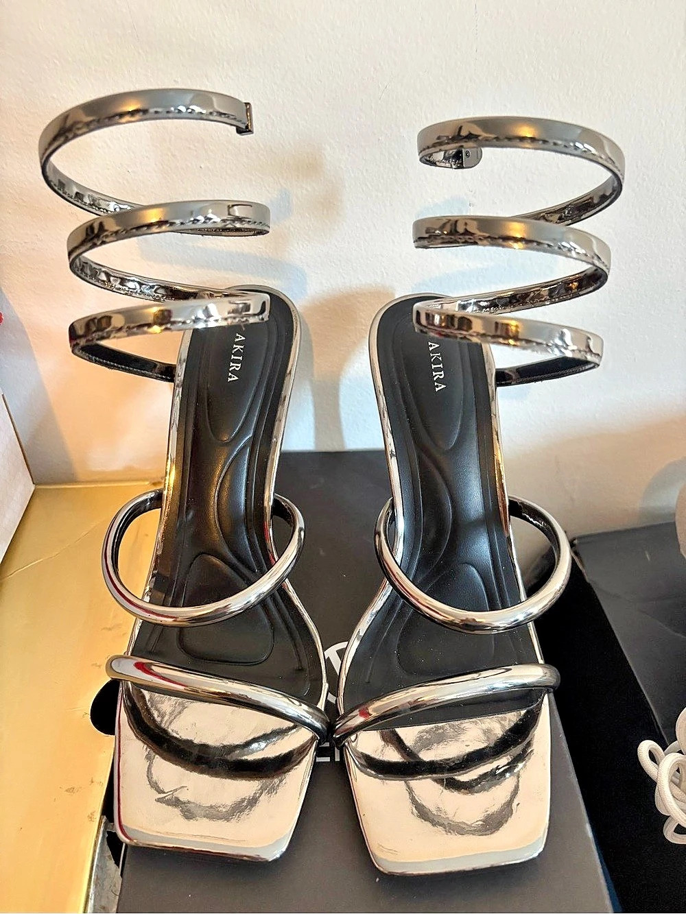 AKIRA AZALEA WANG Delicacy Silver Coil Wrap Sandal Heels